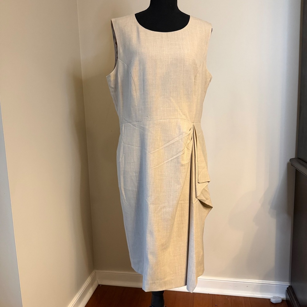 Calvin Klein Sheath Dress Women 12 Tan Beige Ruffle Side Sleeveless Round Neck